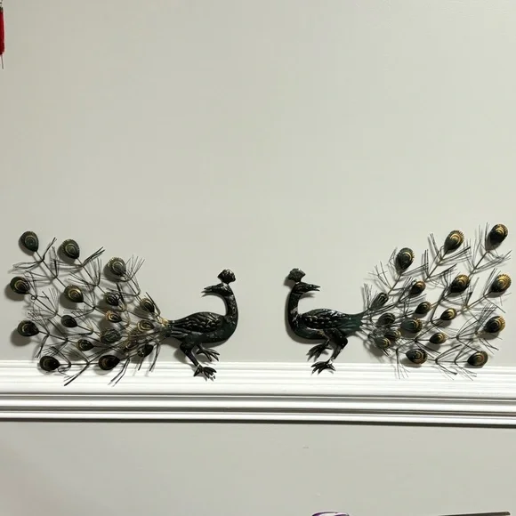 Vintage Metal Peacock Art Sculptures Gold Green on Silver Metal